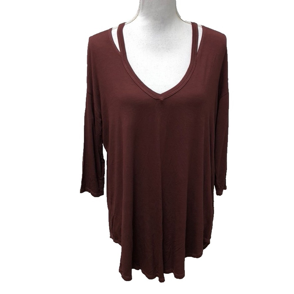 Michael Stars 3/4 Sleeve Slit Shoulder Top Womens One Size Burgundy Brown